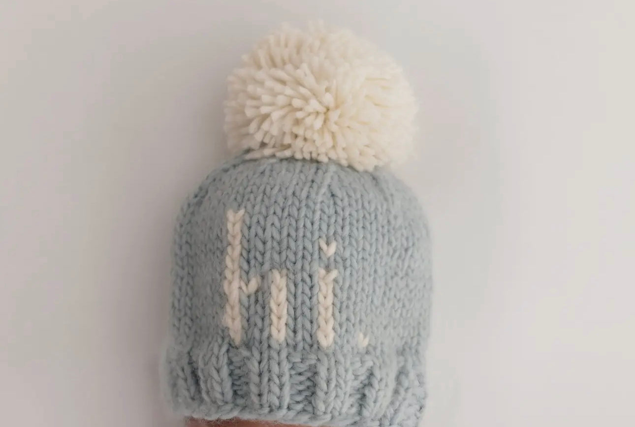 Hi. Sky blue hand knit beanie